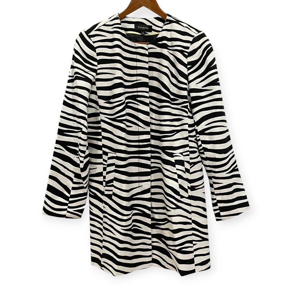 Talbots Black White Zebra Print Topper Car Coat Womens 4 Mob Wife Statement Chic